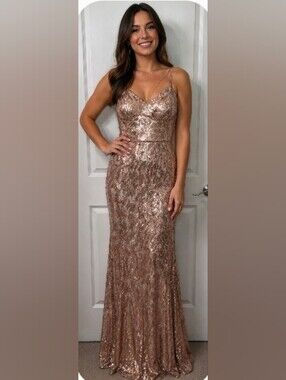 Speechless Rose Gold Sequin Maxi Dress Formal Gown Spaghetti Strap Size 11
